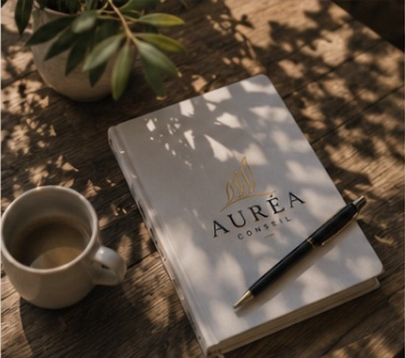 Un carnet Auréa Conseil posé sur une table, avec une tasse de café